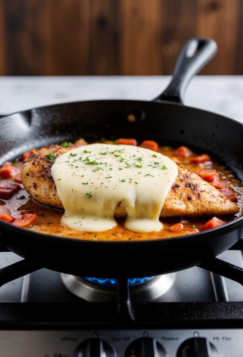 Melted provolone cheese over seasoned chicken breast on a sizzling skillet