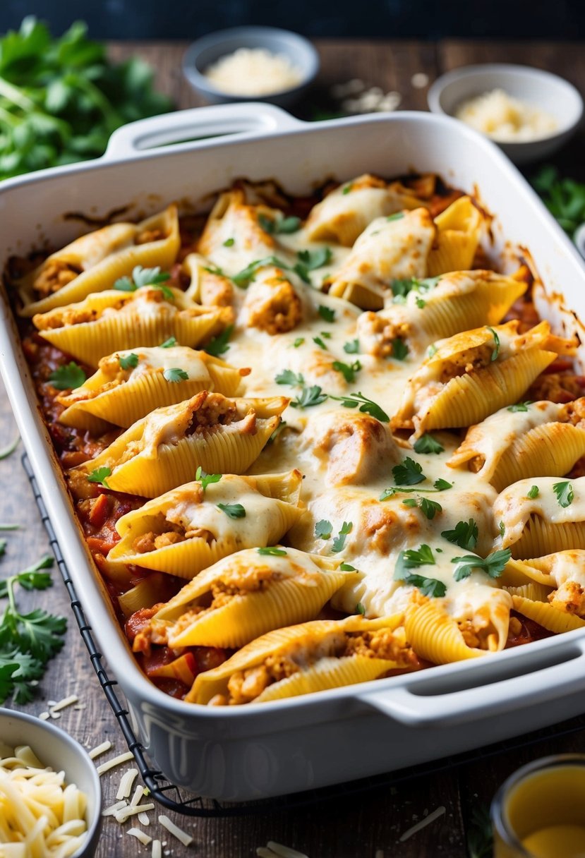 A baking dish filled with stuffed pasta shells, oozing with melted cheese and savory chicken, surrounded by scattered ingredients