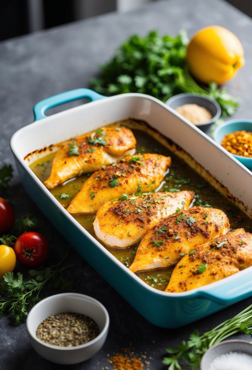 A baking dish filled with Cajun spiced chicken breasts, surrounded by colorful seasoning and herbs, ready to be placed in the oven