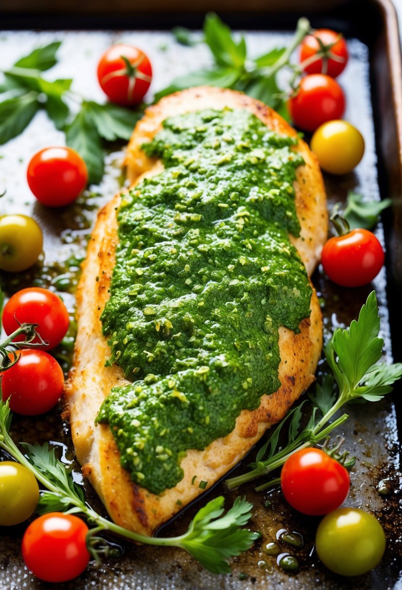 A golden-brown chicken breast coated in vibrant green pesto, surrounded by fresh herbs and cherry tomatoes on a baking sheet