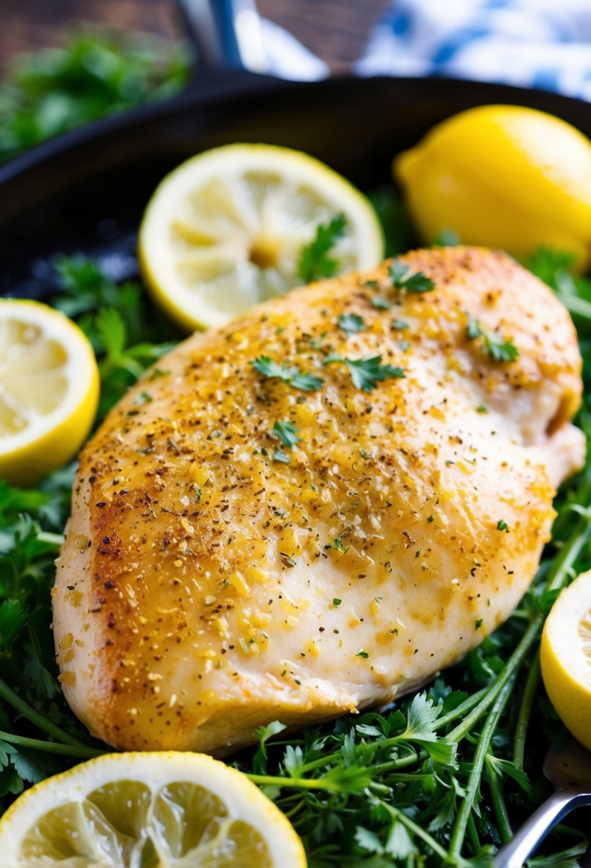 A golden-brown chicken breast is coated with a zesty lemon pepper seasoning, resting on a bed of fresh herbs and surrounded by vibrant lemon slices