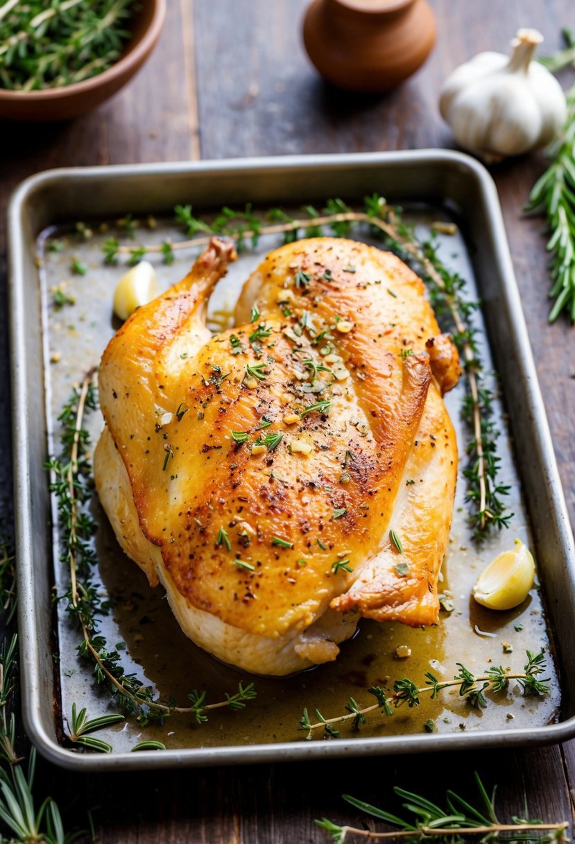 A golden-brown chicken breast, seasoned with garlic and herbs, sits on a rustic baking tray surrounded by fresh rosemary and thyme