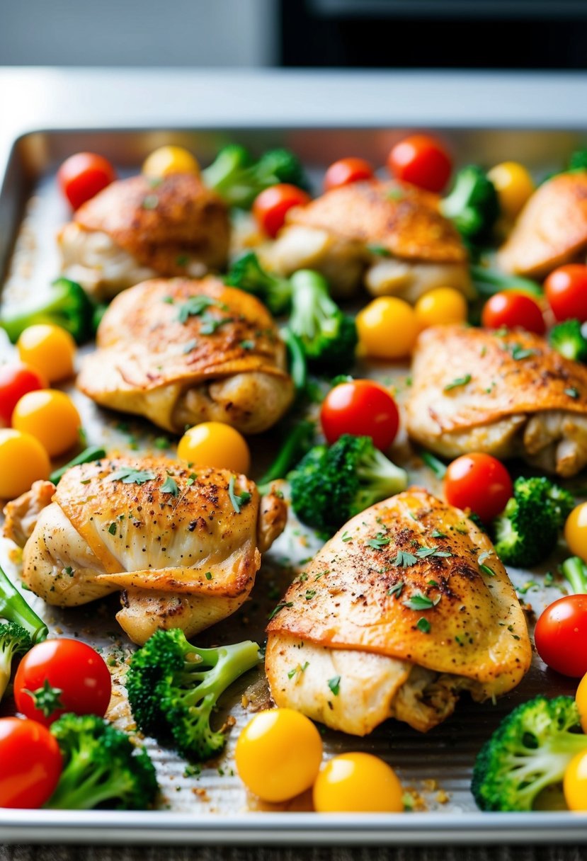 Freshly seasoned chicken and colorful vegetables arranged on a baking sheet, ready to be placed in the oven for a one-pan meal