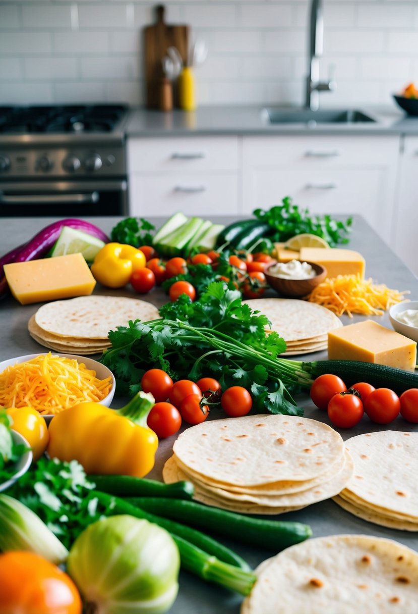 A colorful array of fresh vegetables, cheese, and tortillas spread out on a clean kitchen counter, ready to be assembled into delicious quesadillas