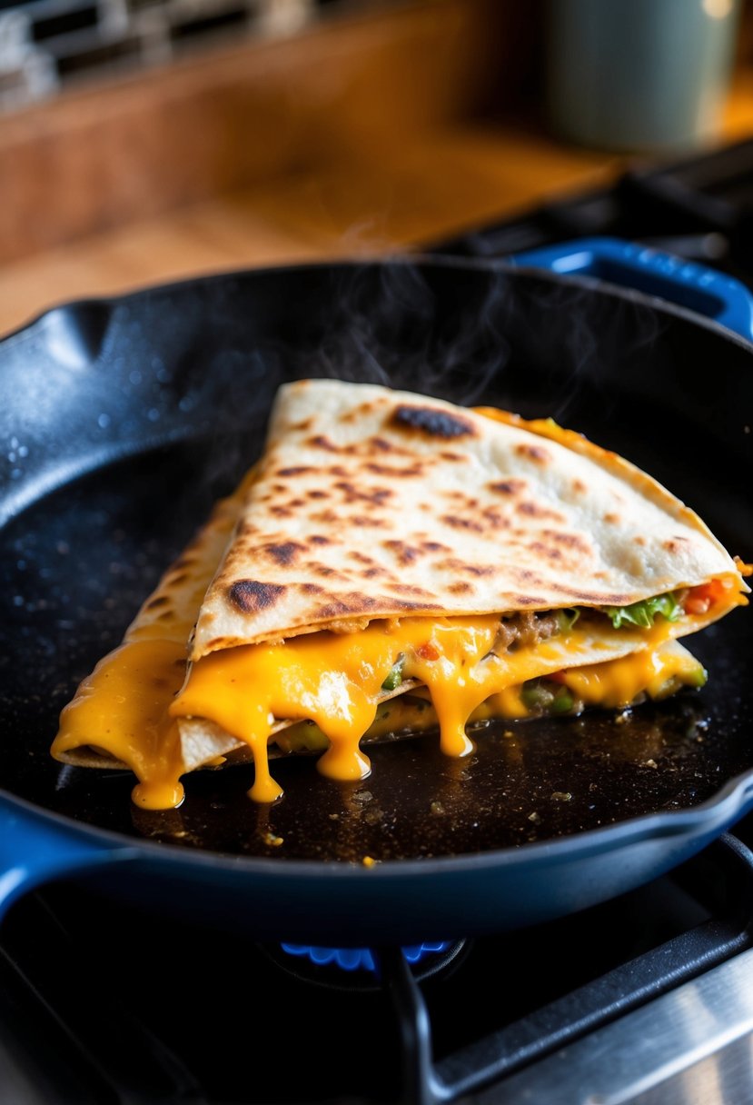 A sizzling cheese quesadilla cooking on a hot skillet, with golden-brown tortilla and melted cheese oozing out