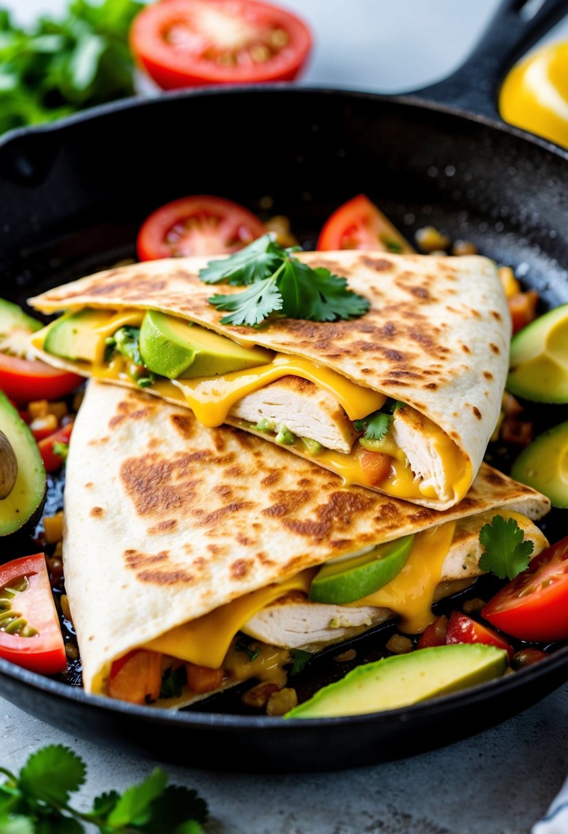 A sizzling skillet with a golden-brown quesadilla filled with tender chicken, creamy avocado, and melted cheese, surrounded by colorful ingredients like tomatoes and cilantro