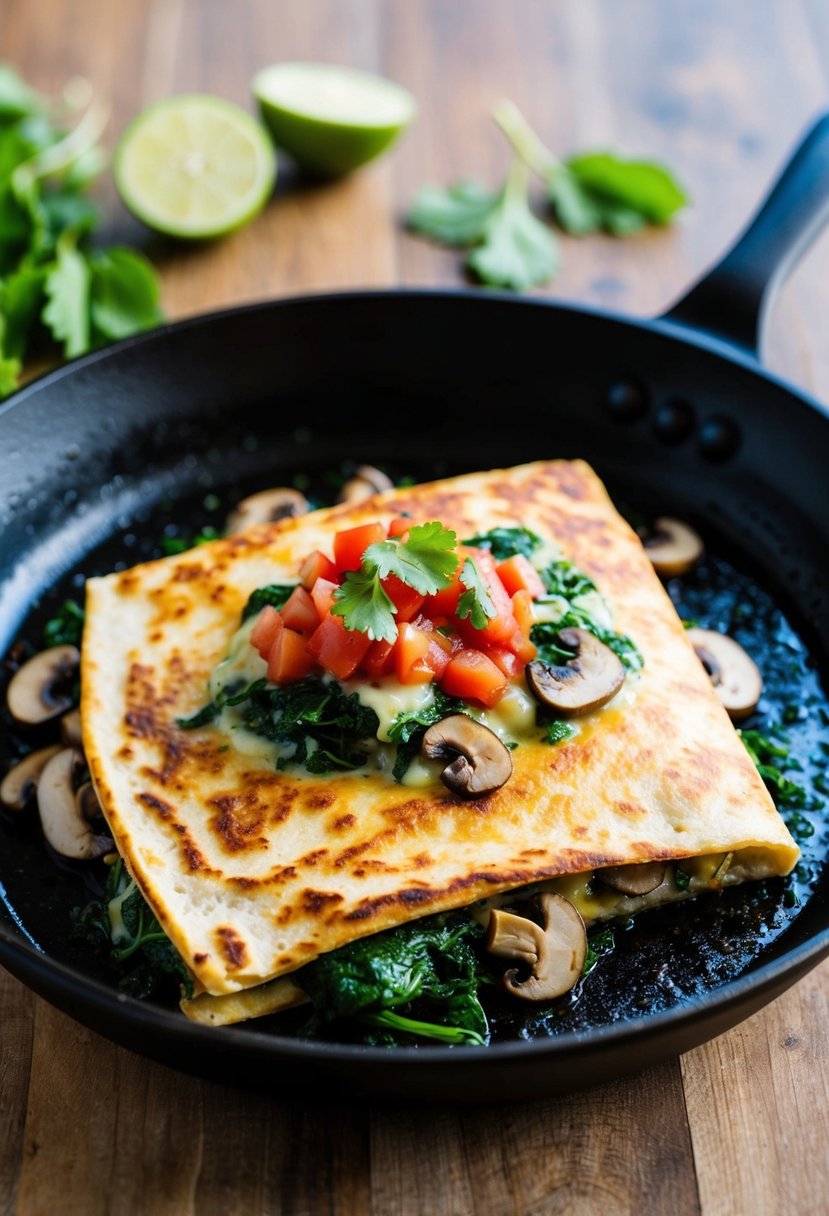 A sizzling skillet with a golden-brown spinach and mushroom quesadilla, oozing with melted cheese and topped with fresh salsa