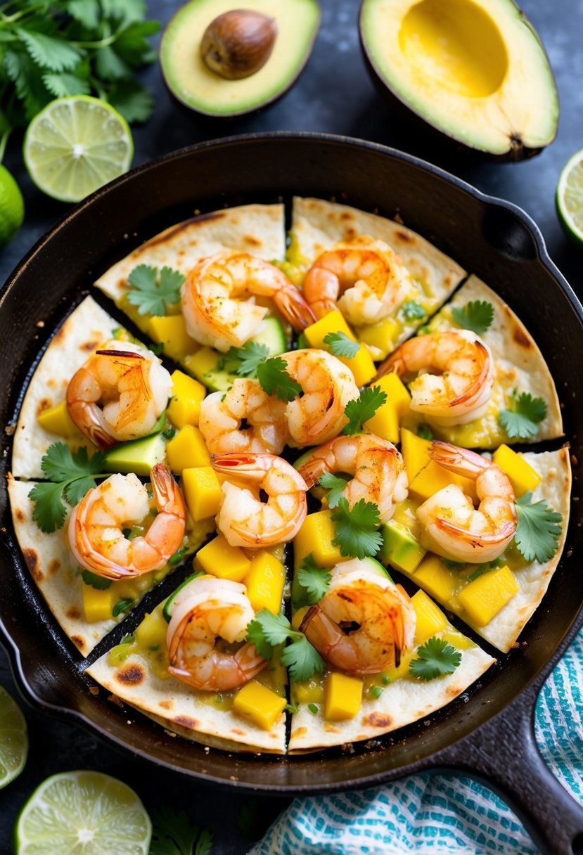 A sizzling skillet with a golden-brown quesadilla filled with shrimp and mango, surrounded by colorful ingredients like cilantro, lime, and avocado