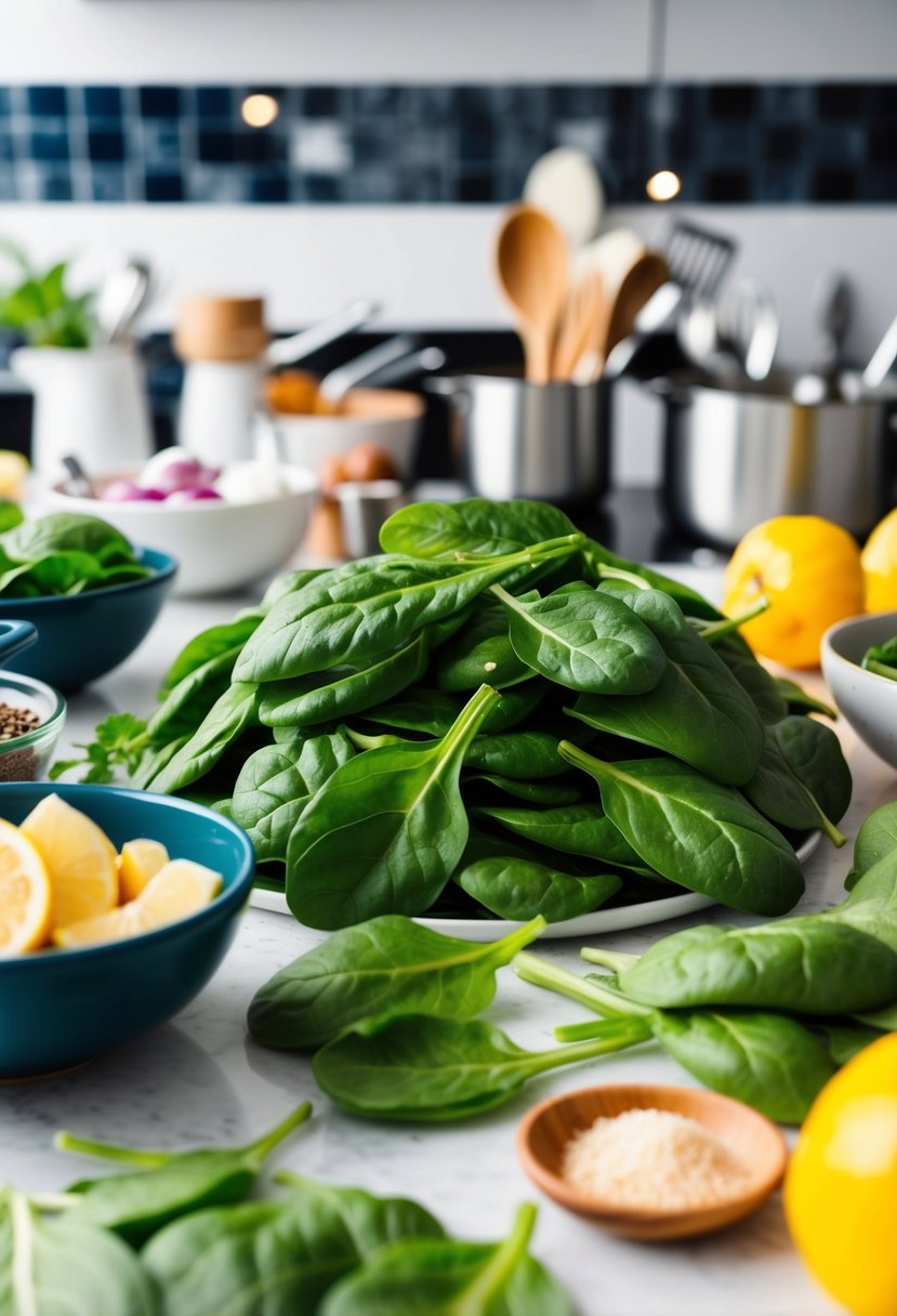 A colorful assortment of fresh spinach leaves, surrounded by various cooking utensils and ingredients on a clean kitchen countertop