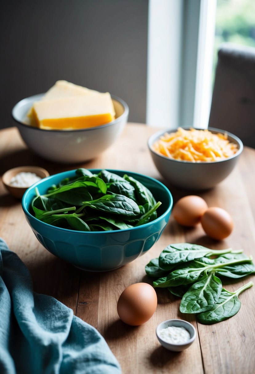 A table set with ingredients for crustless spinach quiche, including fresh spinach, eggs, cheese, and a mixing bowl