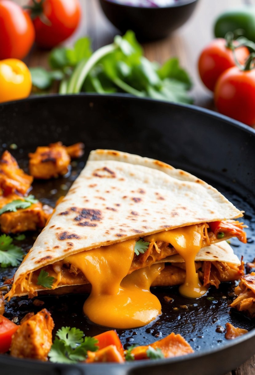 A sizzling BBQ chicken quesadilla cooking on a hot skillet with melted cheese oozing out, surrounded by colorful ingredients like tomatoes and cilantro