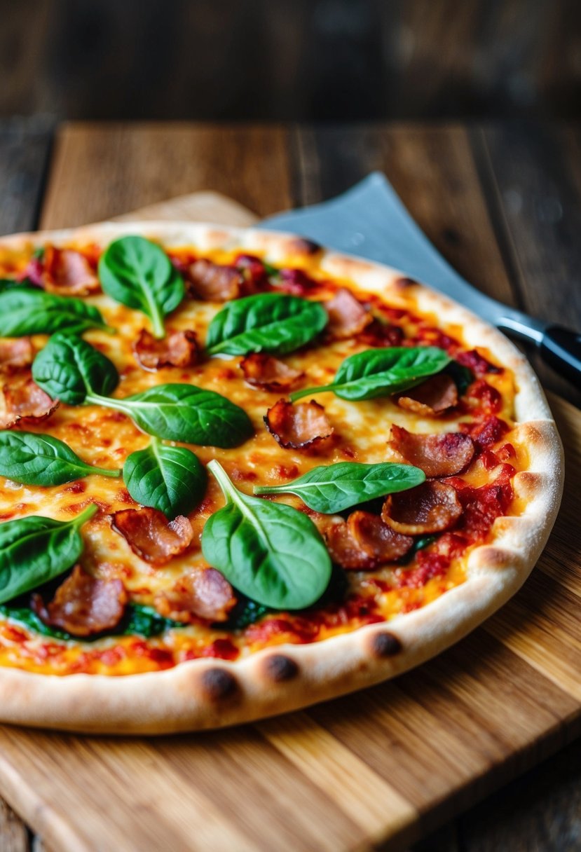 A sizzling pizza topped with crispy bacon and fresh spinach leaves on a wooden cutting board