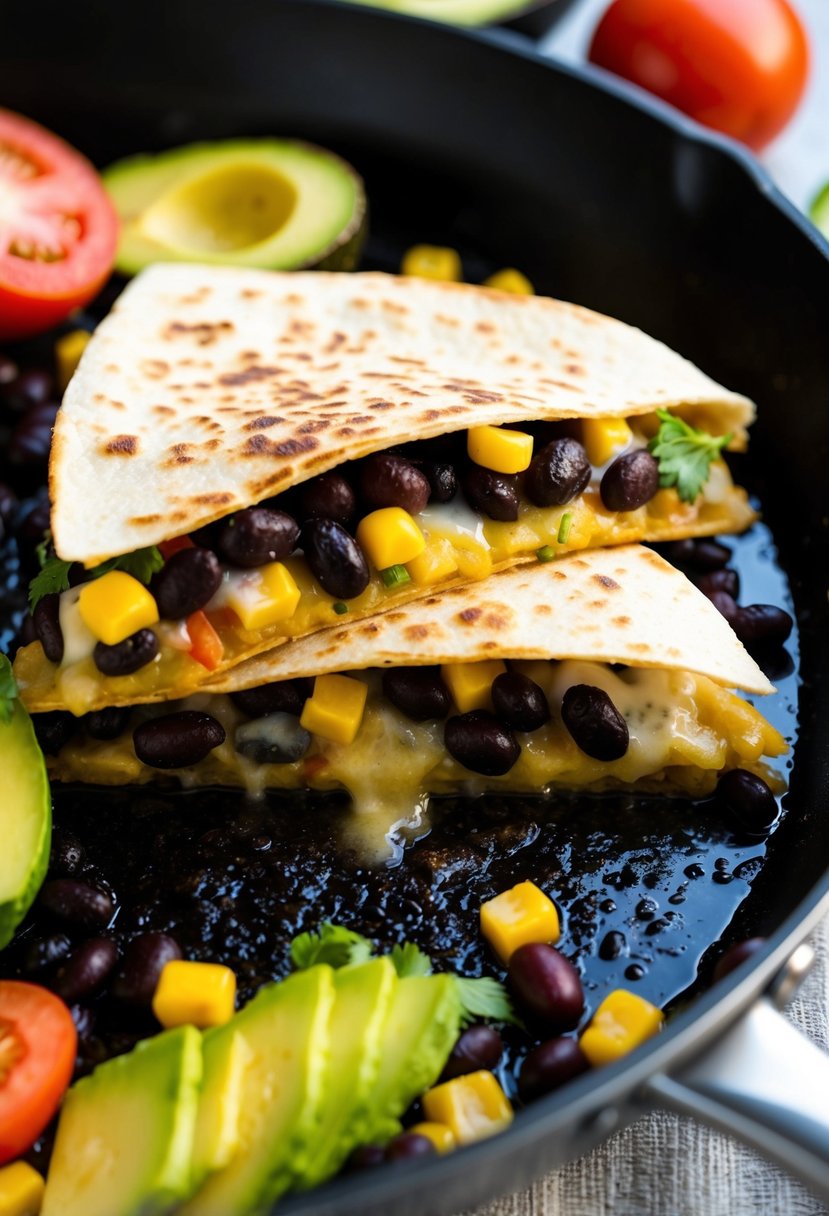 A sizzling quesadilla cooking on a skillet, filled with black beans, corn, and melted cheese, surrounded by colorful ingredients like tomatoes and avocado