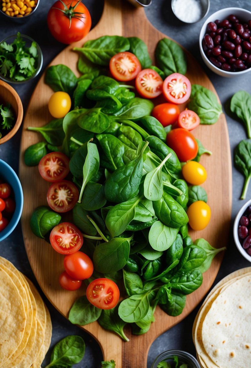 A colorful array of fresh spinach, tomatoes, beans, and tortillas arranged on a wooden cutting board, surrounded by various cooking utensils