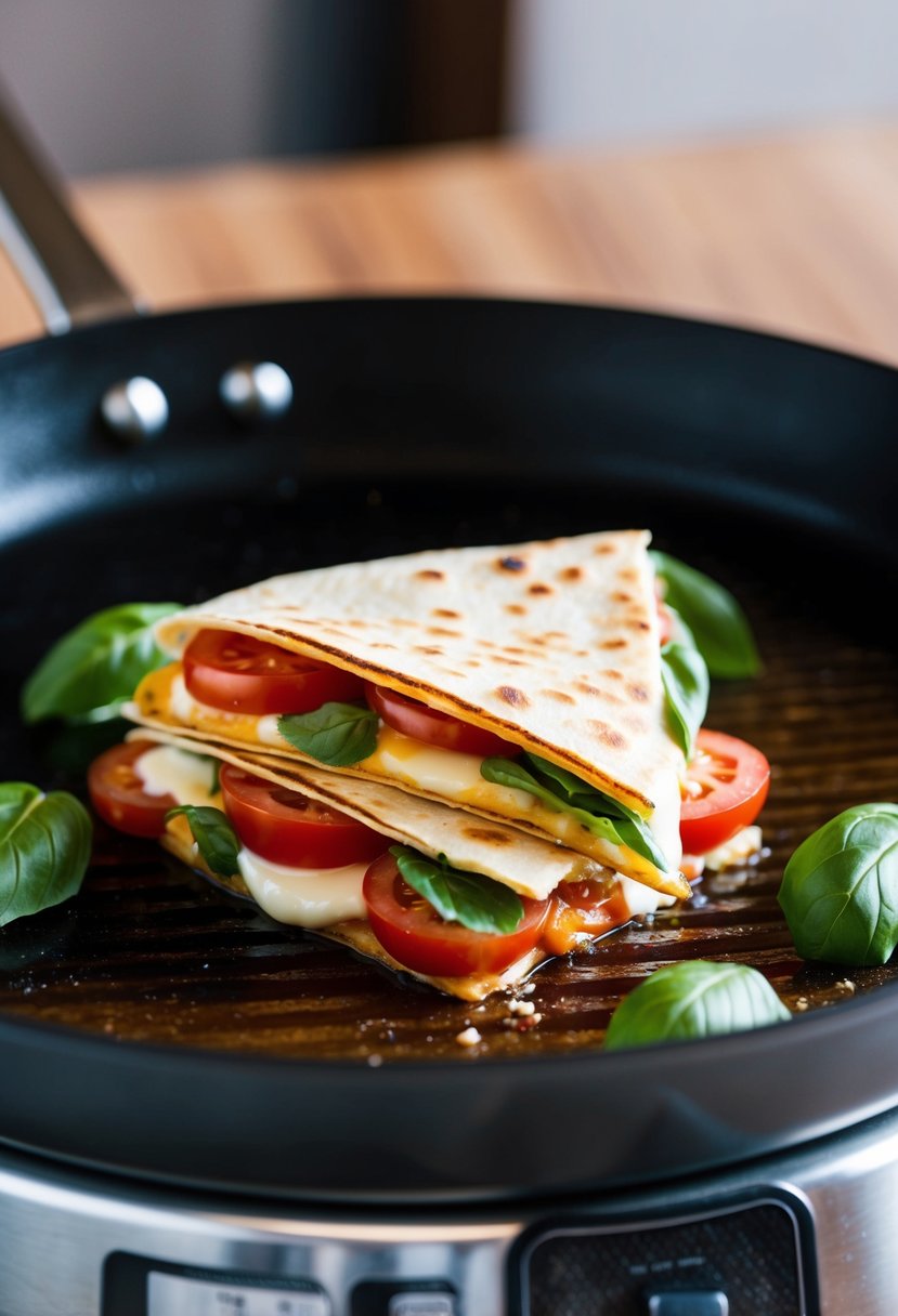 A sizzling quesadilla on a hot griddle, filled with melted mozzarella, ripe tomatoes, and fresh basil leaves