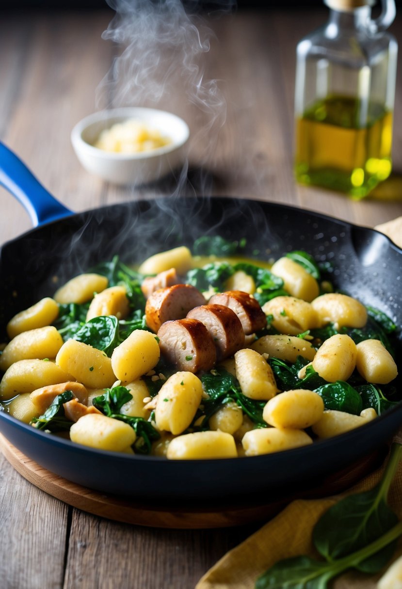 A steaming skillet of gnocchi, spinach, and chicken sausage sizzling in a fragrant garlic and olive oil sauce