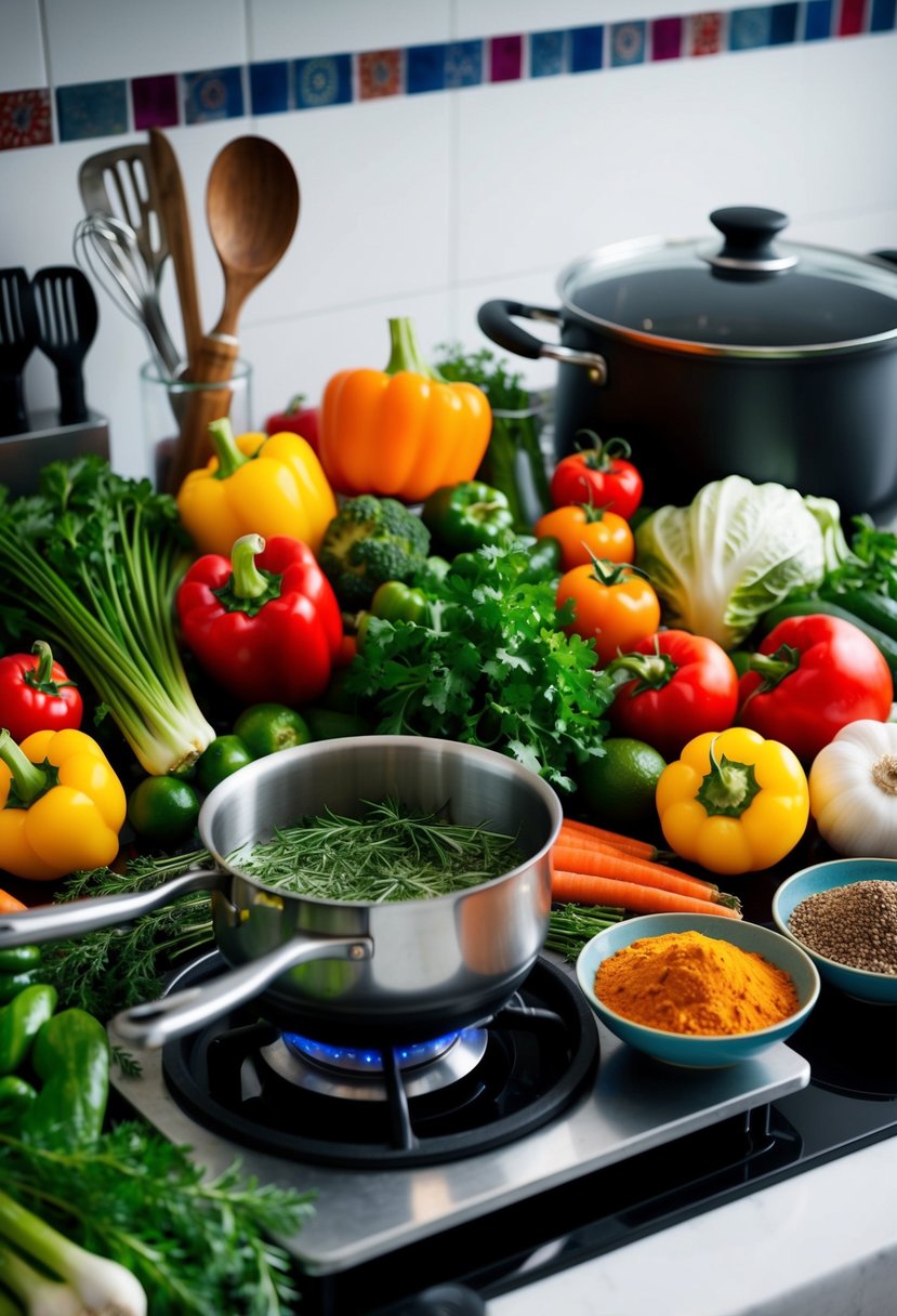 A colorful array of fresh vegetables, herbs, and spices arranged around a set of cooking utensils and a steaming pot on a stovetop