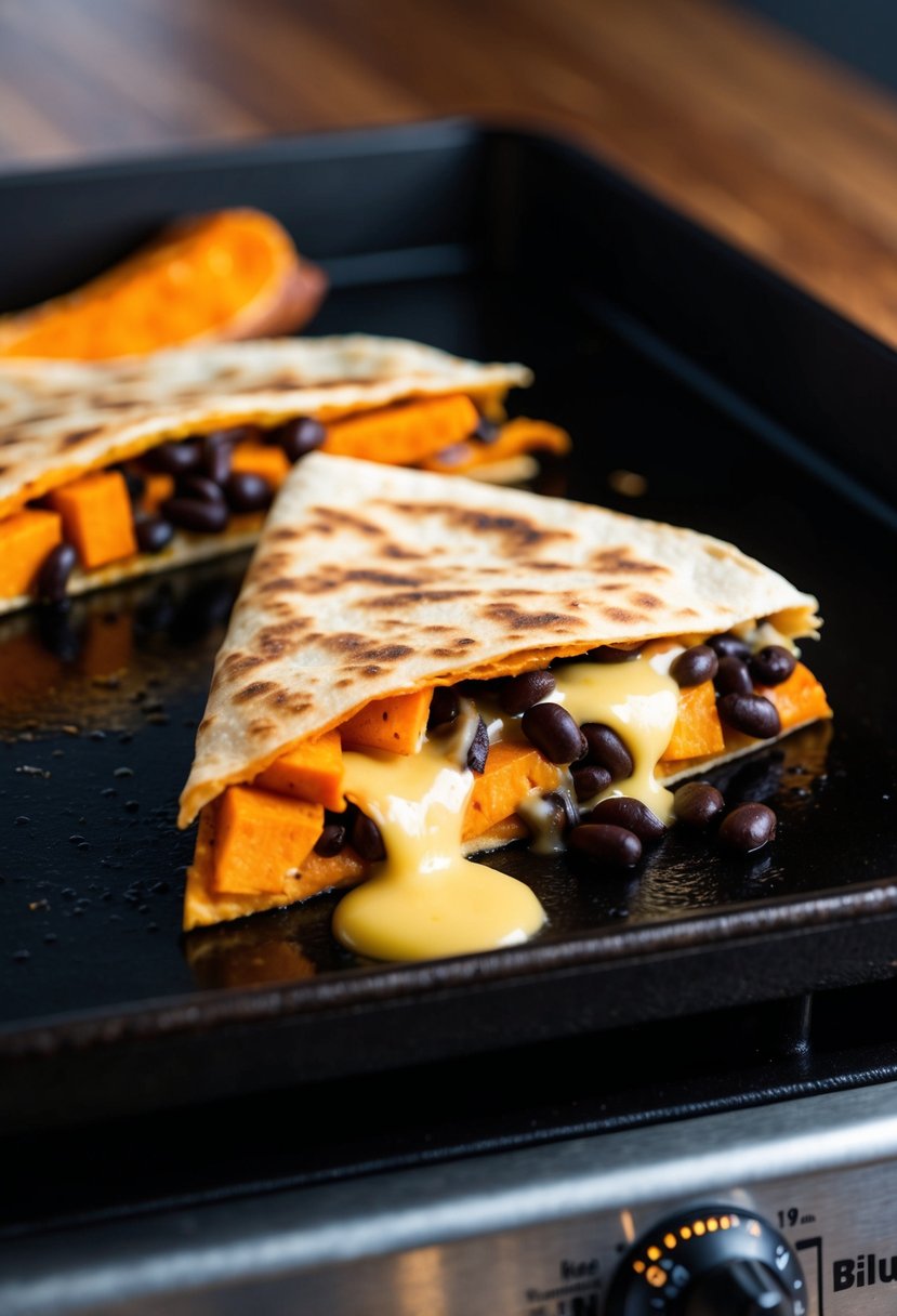 A sizzling quesadilla on a hot griddle, filled with sweet potatoes and black beans, melting cheese oozing out from the sides