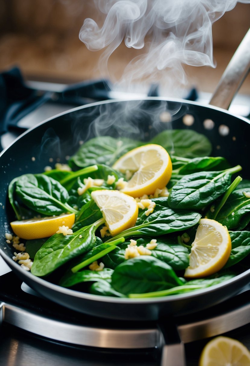 Fresh spinach leaves sizzling in a pan with minced garlic and lemon slices. Steam rising as the ingredients are being sautéed