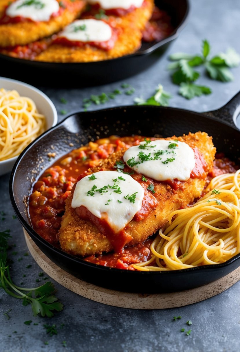 A sizzling skillet with golden-brown breaded chicken, topped with marinara sauce and melted mozzarella cheese, surrounded by a side of spaghetti and a sprinkle of fresh herbs