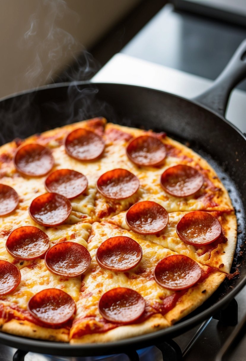 A sizzling pepperoni pizza quesadilla cooking on a hot skillet