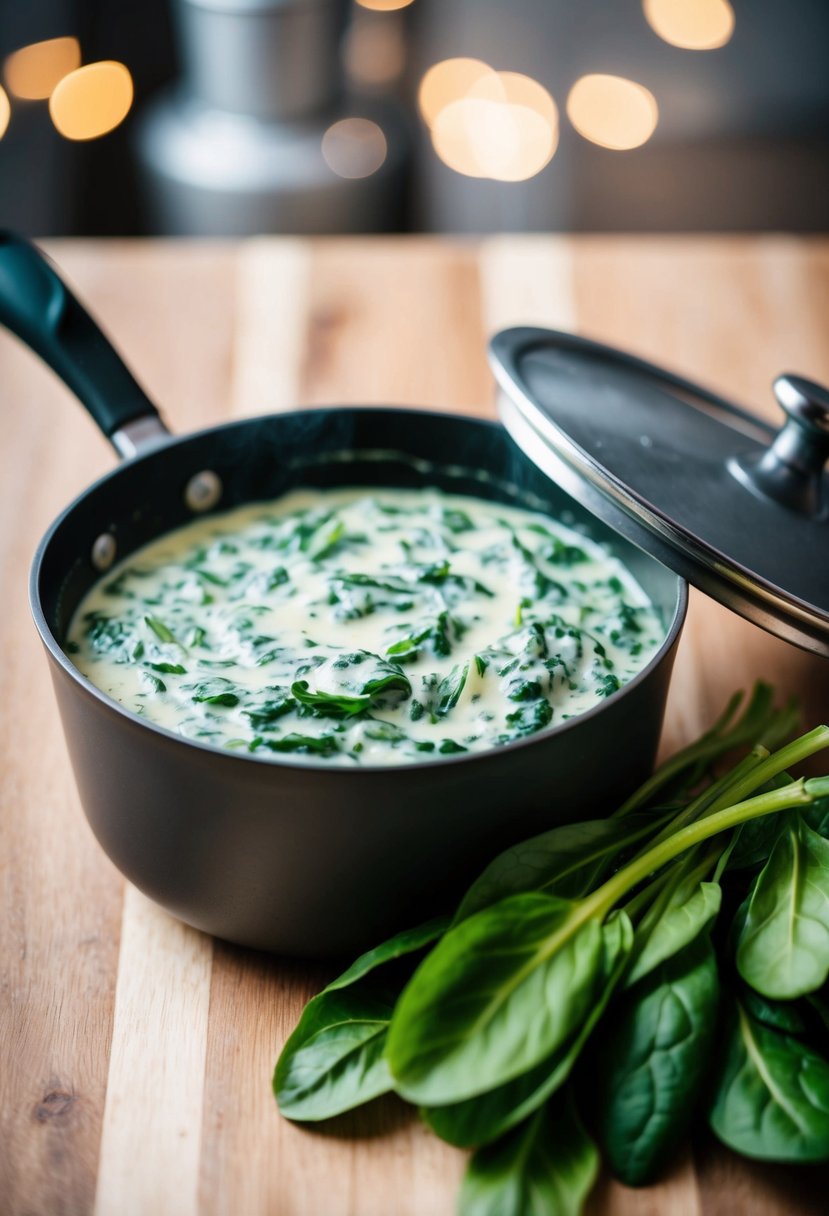 A pot of simmering creamed spinach with a pile of fresh spinach leaves beside it