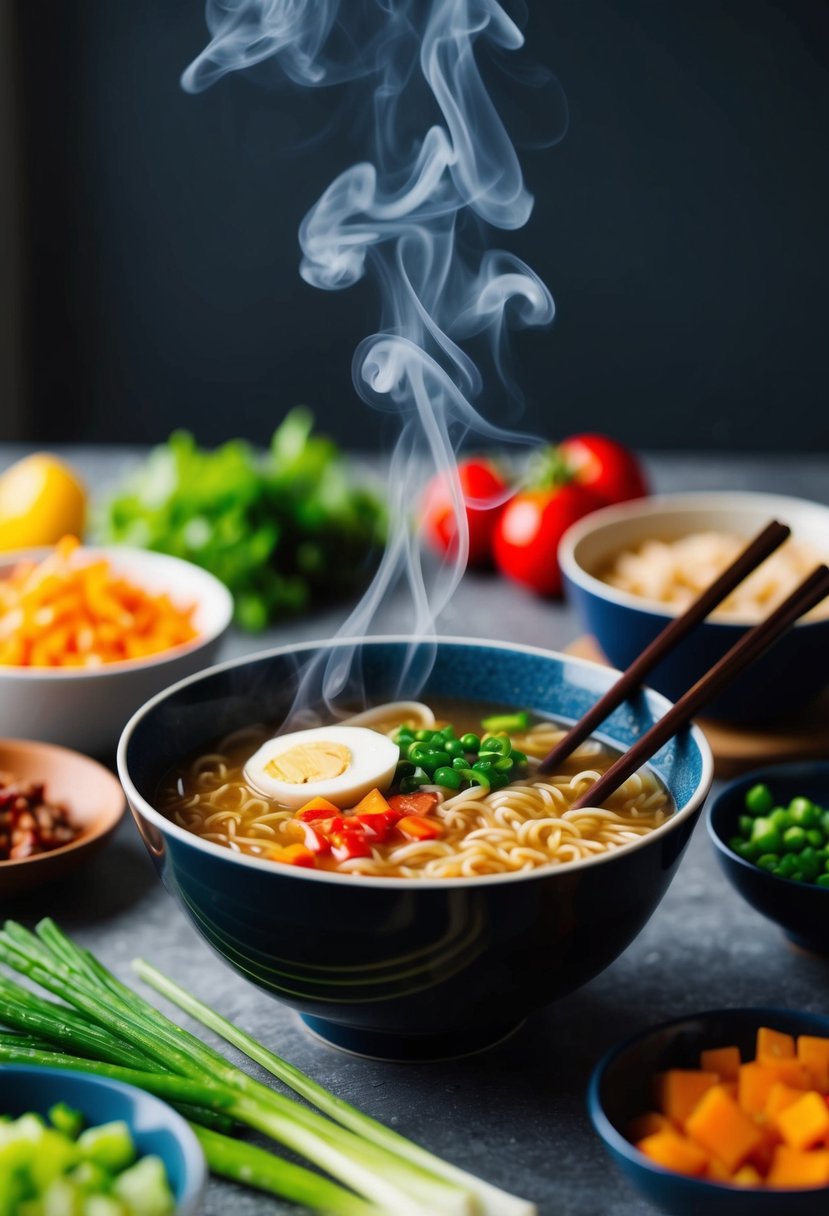 A steaming bowl of instant ramen surrounded by colorful vegetables and chopsticks on a table