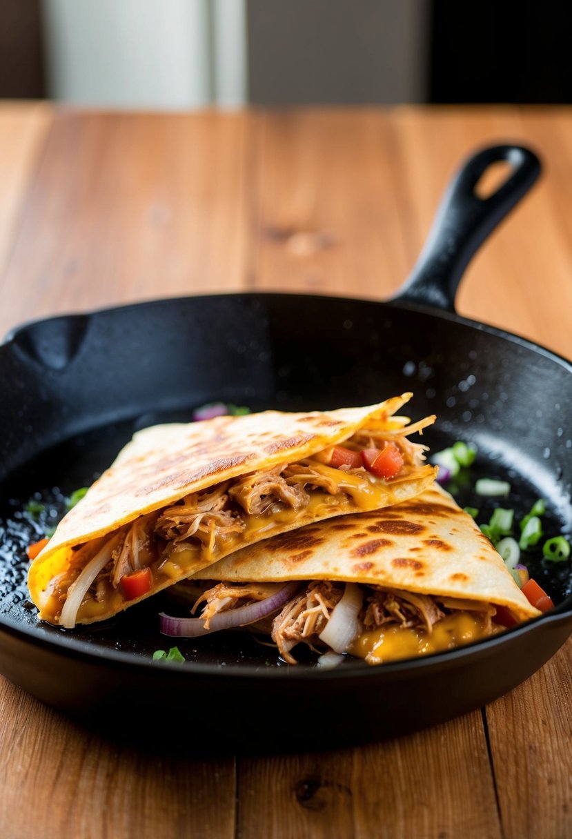 A sizzling skillet with a golden-brown, cheesy quesadilla filled with tender pulled pork, onions, and peppers