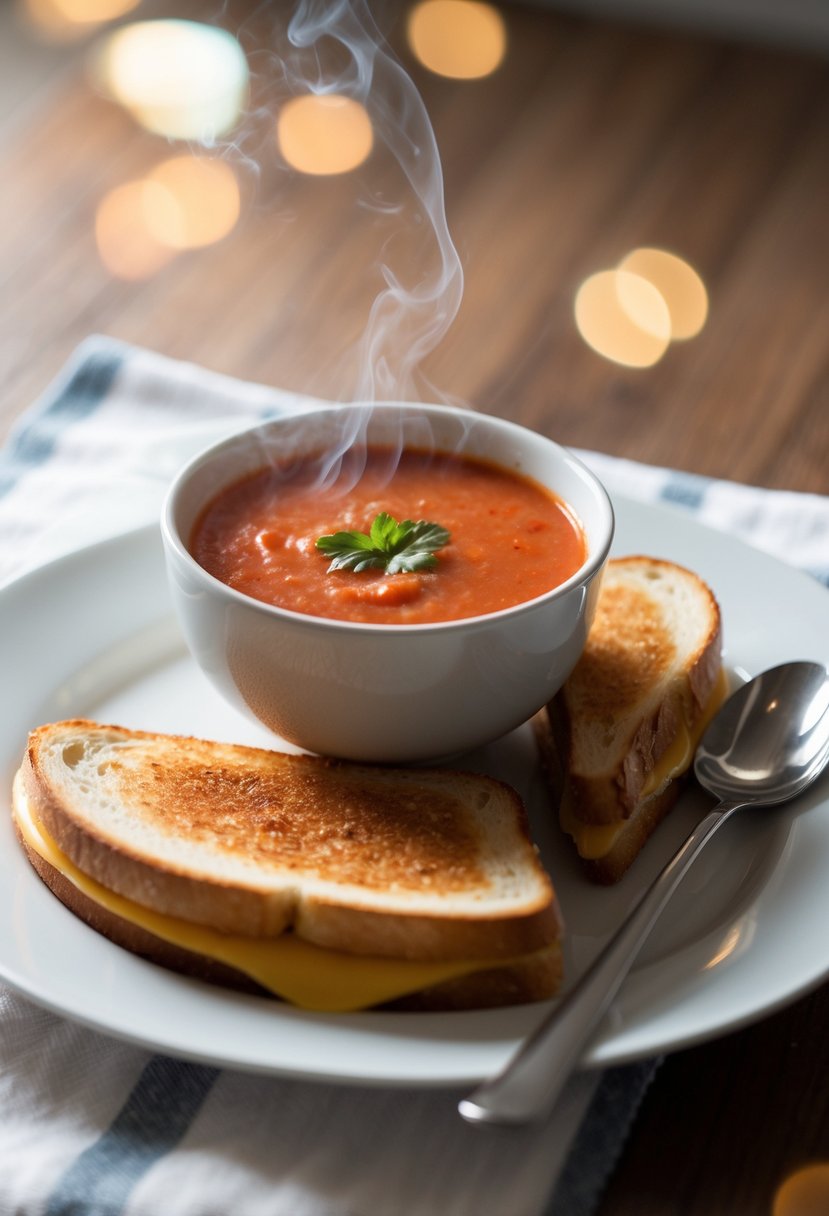 A steaming bowl of tomato soup sits beside a golden-brown grilled cheese sandwich on a white plate. A spoon rests on the edge of the bowl