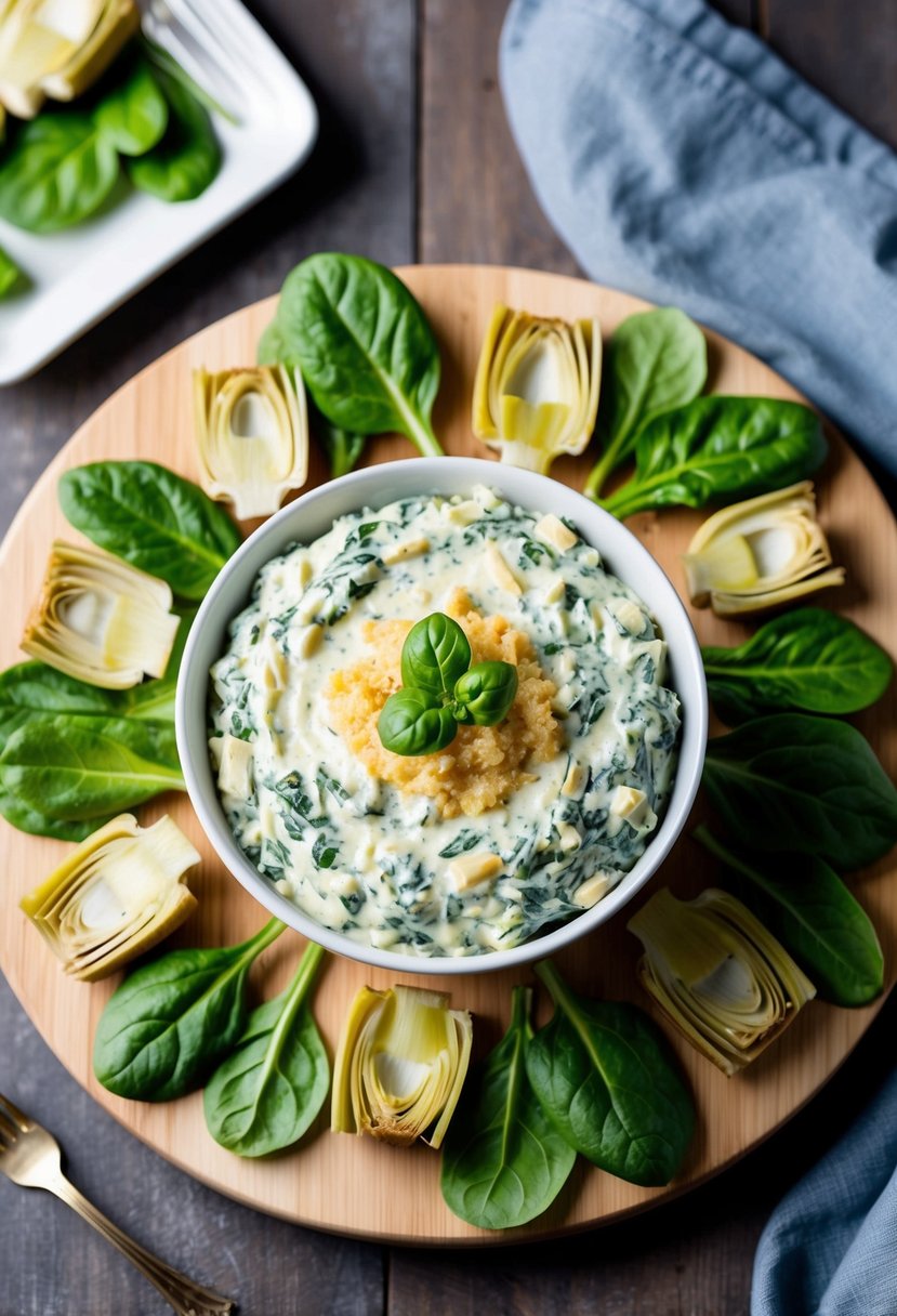 A bowl of creamy spinach artichoke dip surrounded by fresh spinach leaves and artichoke hearts on a wooden serving board