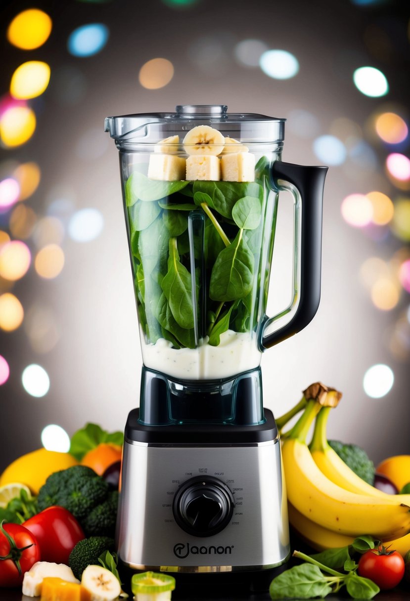 A blender filled with fresh spinach leaves, bananas, and yogurt, surrounded by a variety of colorful fruits and vegetables