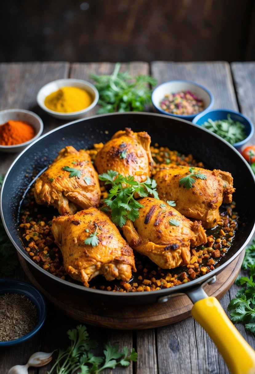 A sizzling tandoori chicken dish surrounded by colorful spices and herbs on a rustic wooden table