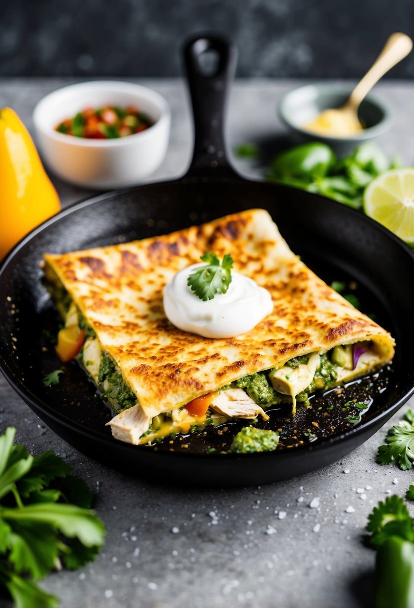 A sizzling skillet with a golden-brown pesto chicken quesadilla, surrounded by fresh ingredients and a dollop of sour cream