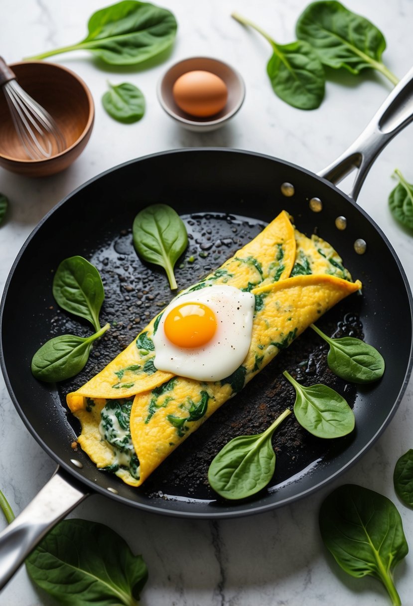 A sizzling pan with a spinach omelet cooking, surrounded by fresh spinach leaves and a whisked egg in a bowl