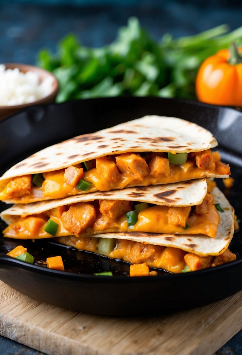 A sizzling quesadilla filled with buffalo chicken, melted cheese, and diced vegetables on a hot skillet