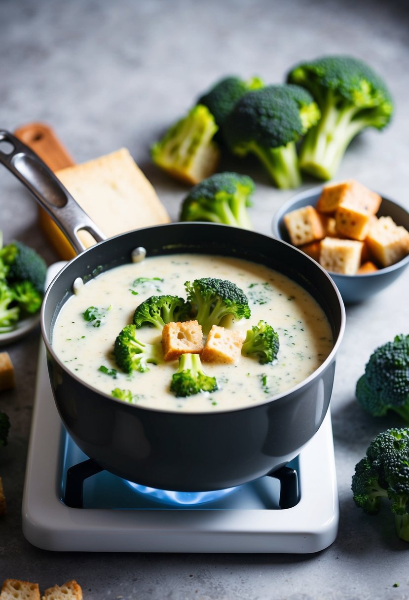 A pot of creamy broccoli and Stilton soup simmers on a stove, surrounded by fresh broccoli florets, a chunk of Stilton cheese, and a bowl of croutons