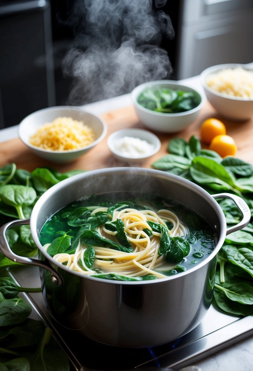 A pot of boiling water with spinach pasta cooking inside, surrounded by fresh spinach leaves and a variety of ingredients on a kitchen counter