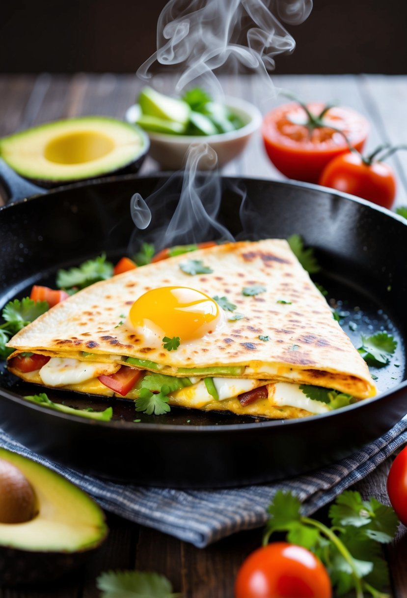 A sizzling skillet with a golden-brown egg quesadilla, steam rising, surrounded by fresh ingredients like avocado, tomatoes, and cilantro