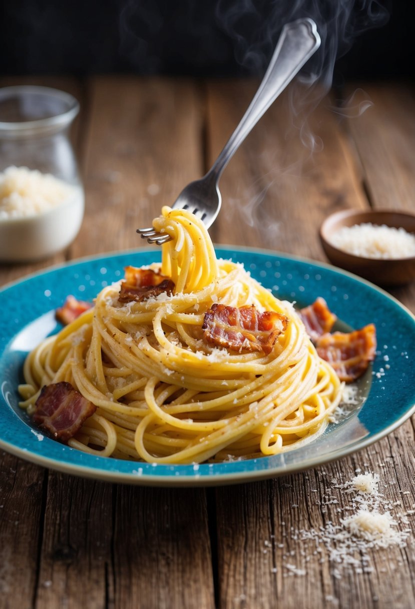 A steaming plate of spaghetti carbonara sits on a rustic wooden table, adorned with crispy bacon and freshly grated Parmesan cheese. A fork twirls the pasta, ready to be devoured