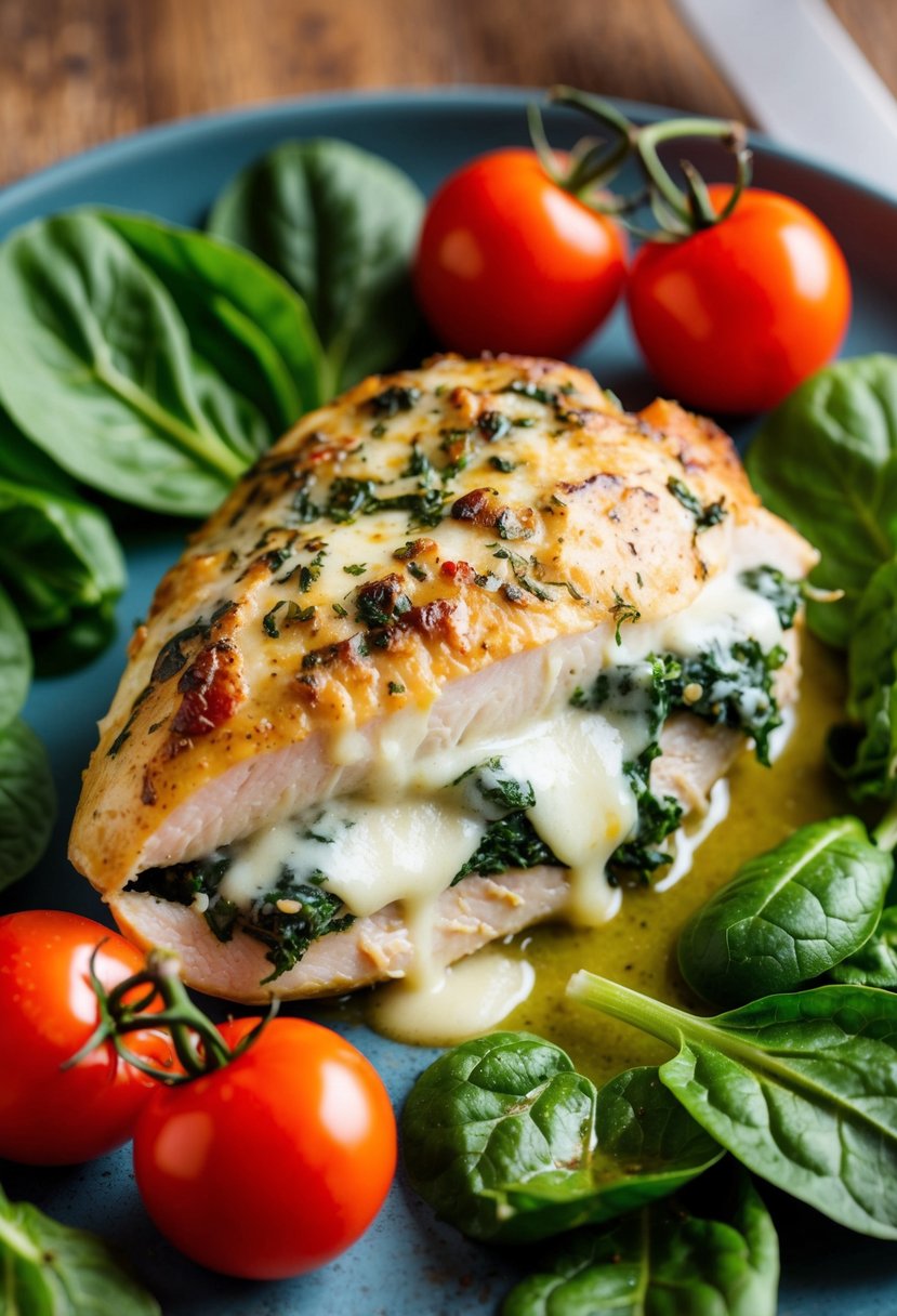 A plump chicken breast stuffed with spinach, oozing with melted cheese, surrounded by fresh spinach leaves and cherry tomatoes