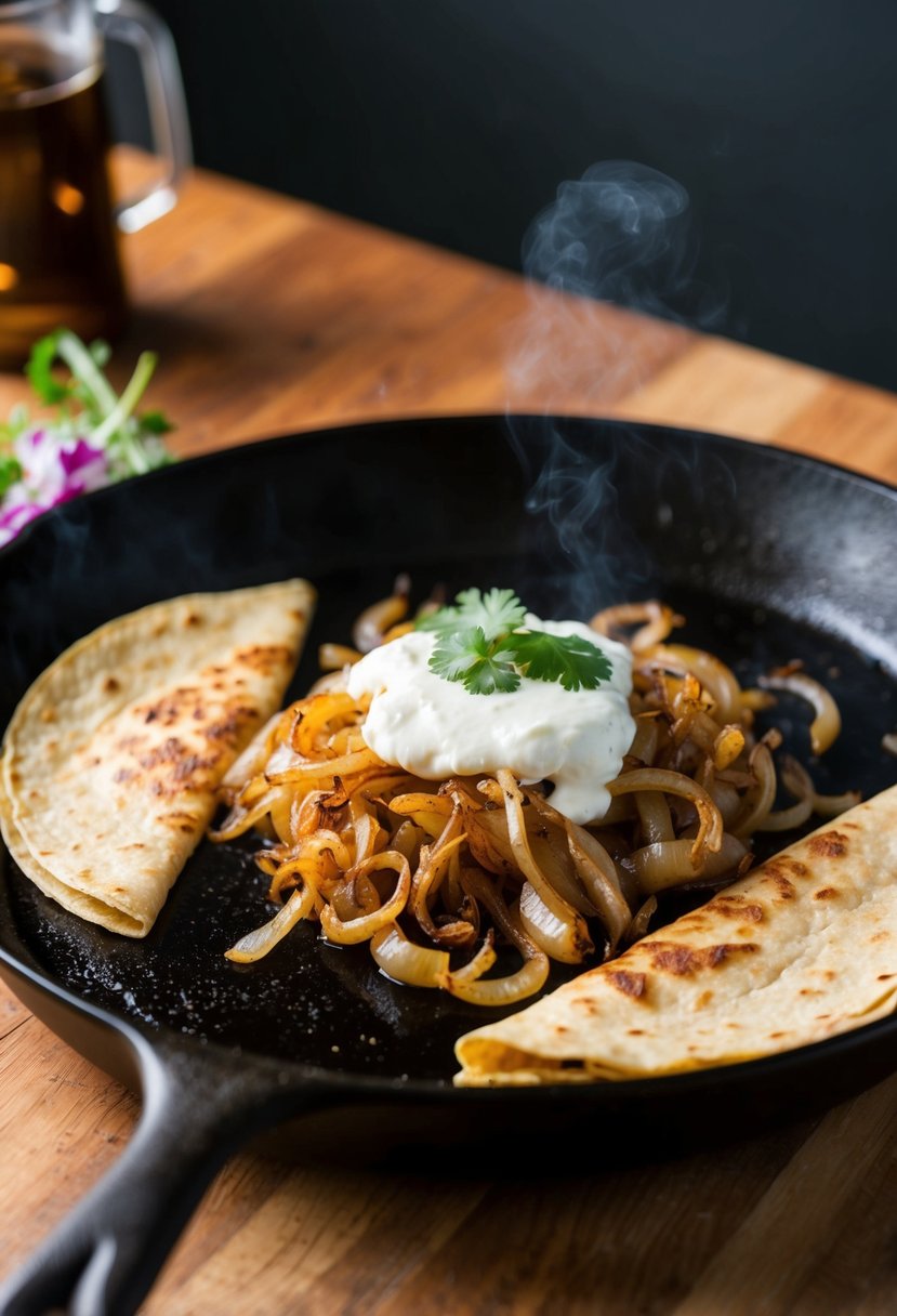 A sizzling skillet with caramelized onions and goat cheese melting between two golden-brown tortillas