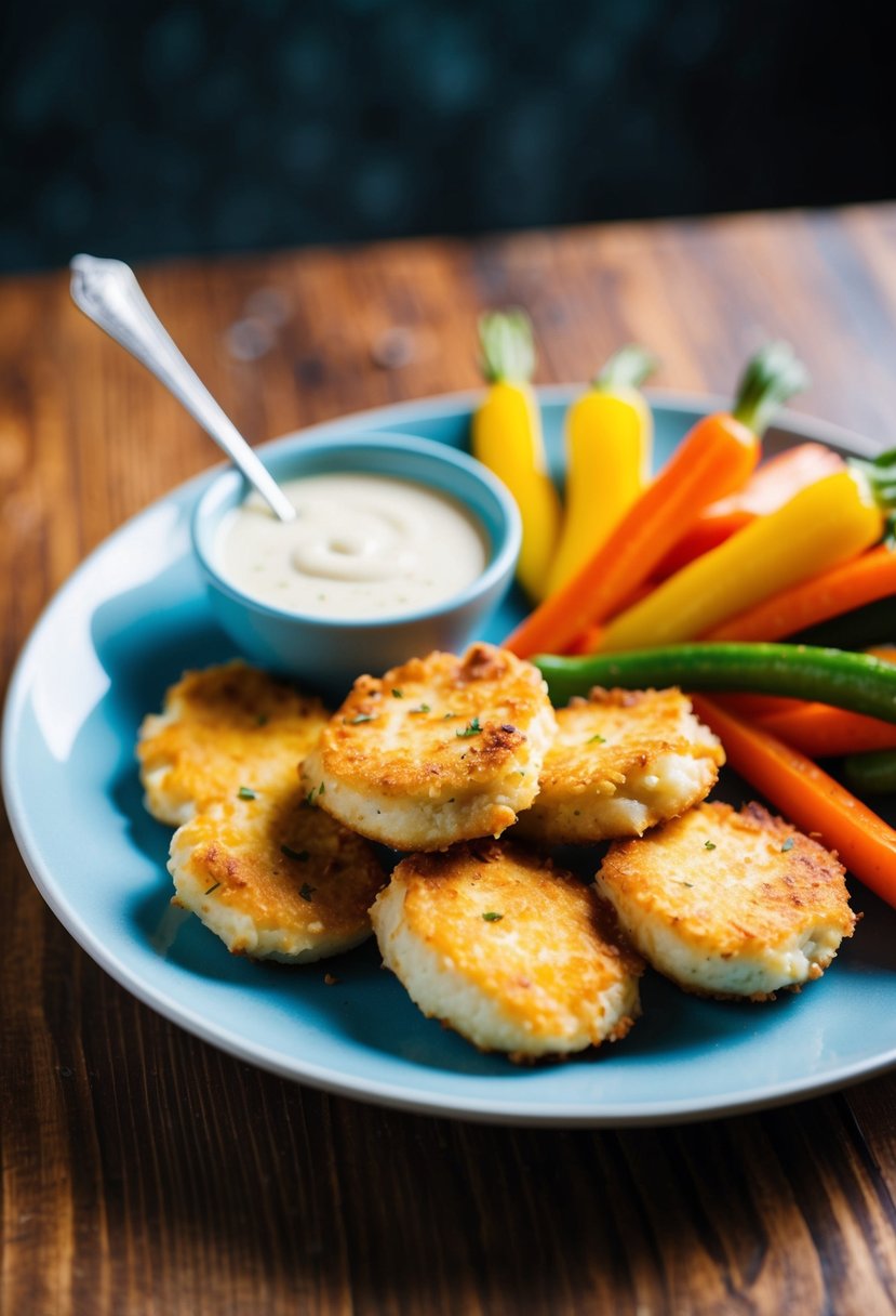 A plate of golden-brown chicken goujons surrounded by colorful vegetables and a side of dipping sauce