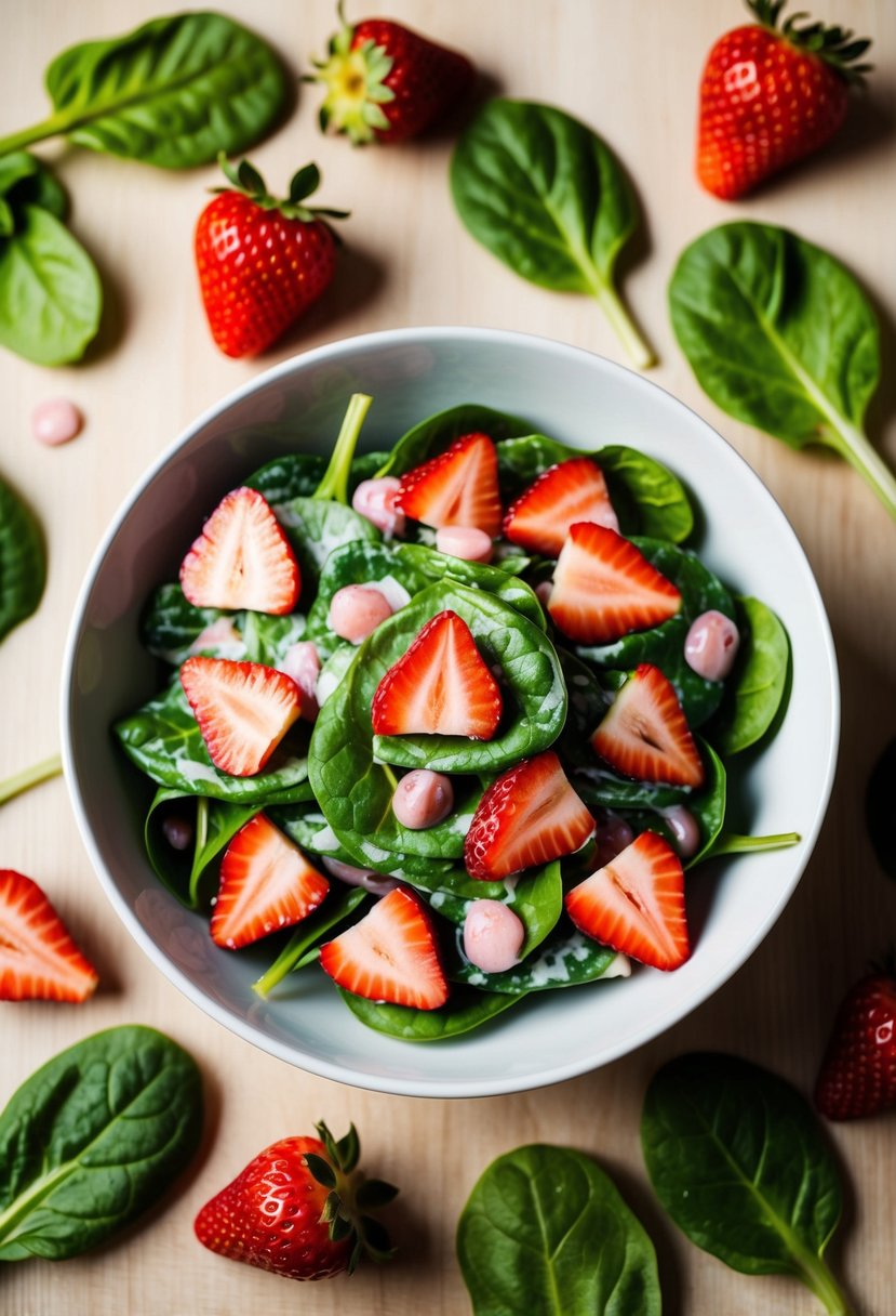 A bowl of spinach salad with sliced strawberries and vinaigrette, surrounded by fresh spinach leaves and scattered strawberry halves