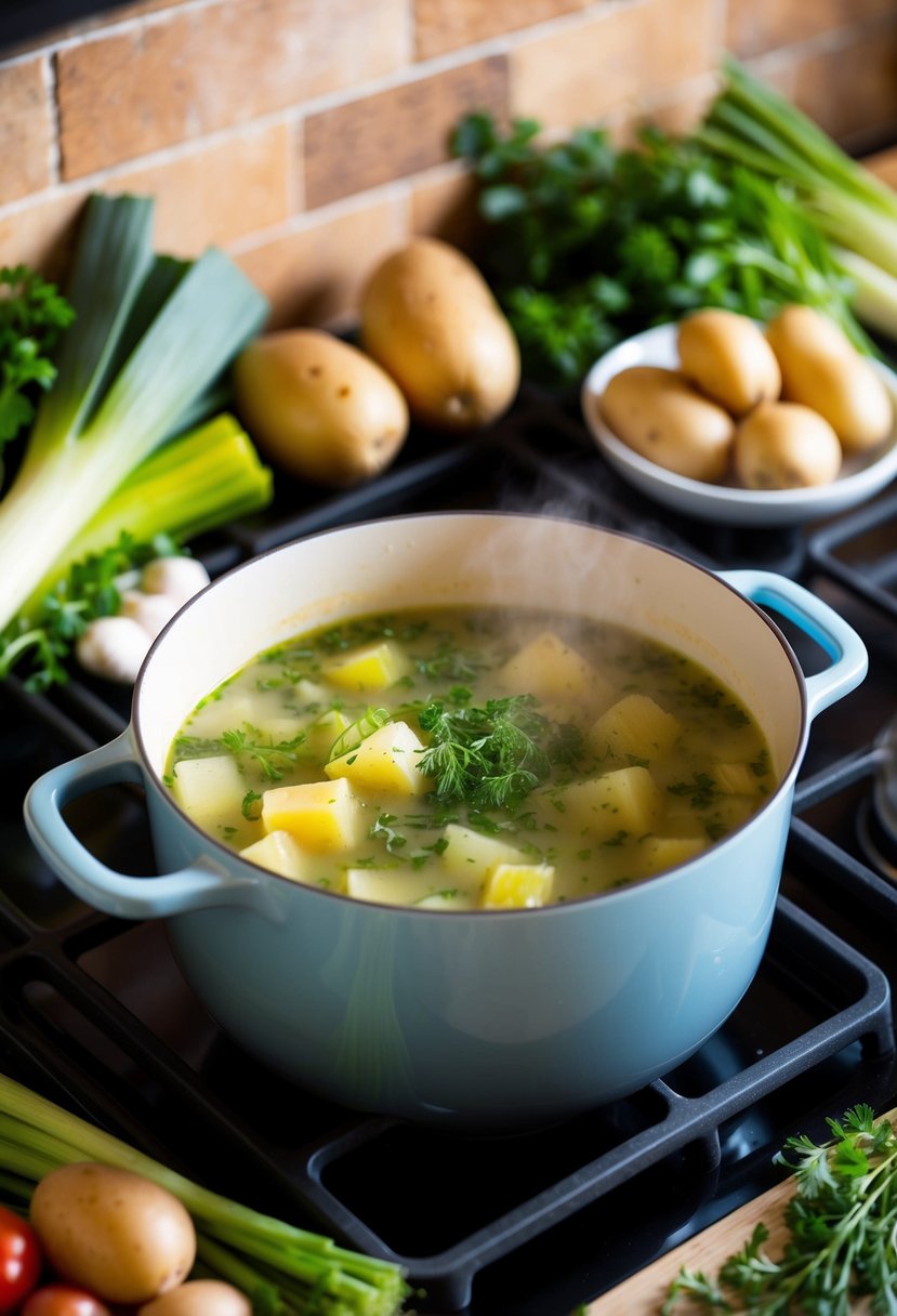 A pot of leek and potato soup simmering on a stovetop, surrounded by fresh vegetables and herbs