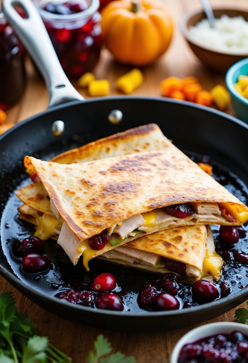 A sizzling skillet with a golden-brown quesadilla filled with turkey, melted cheese, and cranberry sauce, surrounded by colorful ingredients