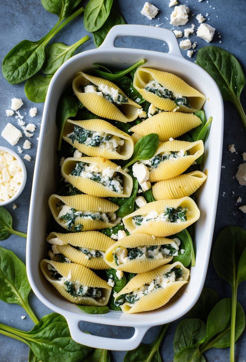 A baking dish filled with spinach and feta stuffed pasta shells, surrounded by fresh spinach leaves and crumbled feta cheese