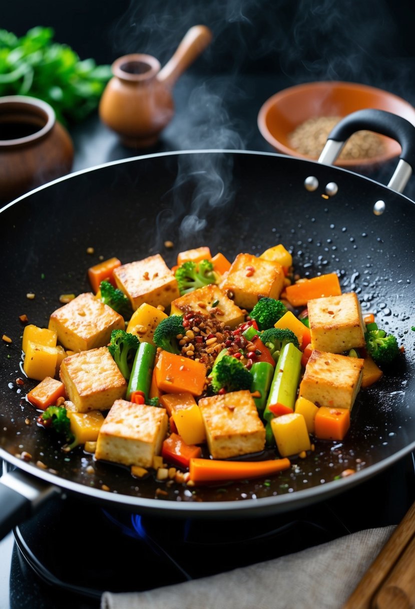 A sizzling wok with stir-fried tofu, colorful vegetables, and aromatic spices