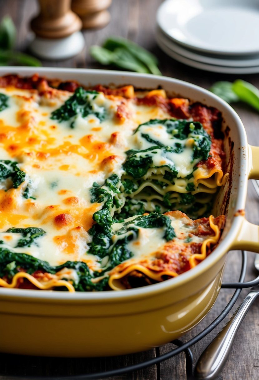 A bubbling spinach lasagna fresh from the oven, with layers of pasta, creamy ricotta, and vibrant green spinach, topped with melted golden cheese