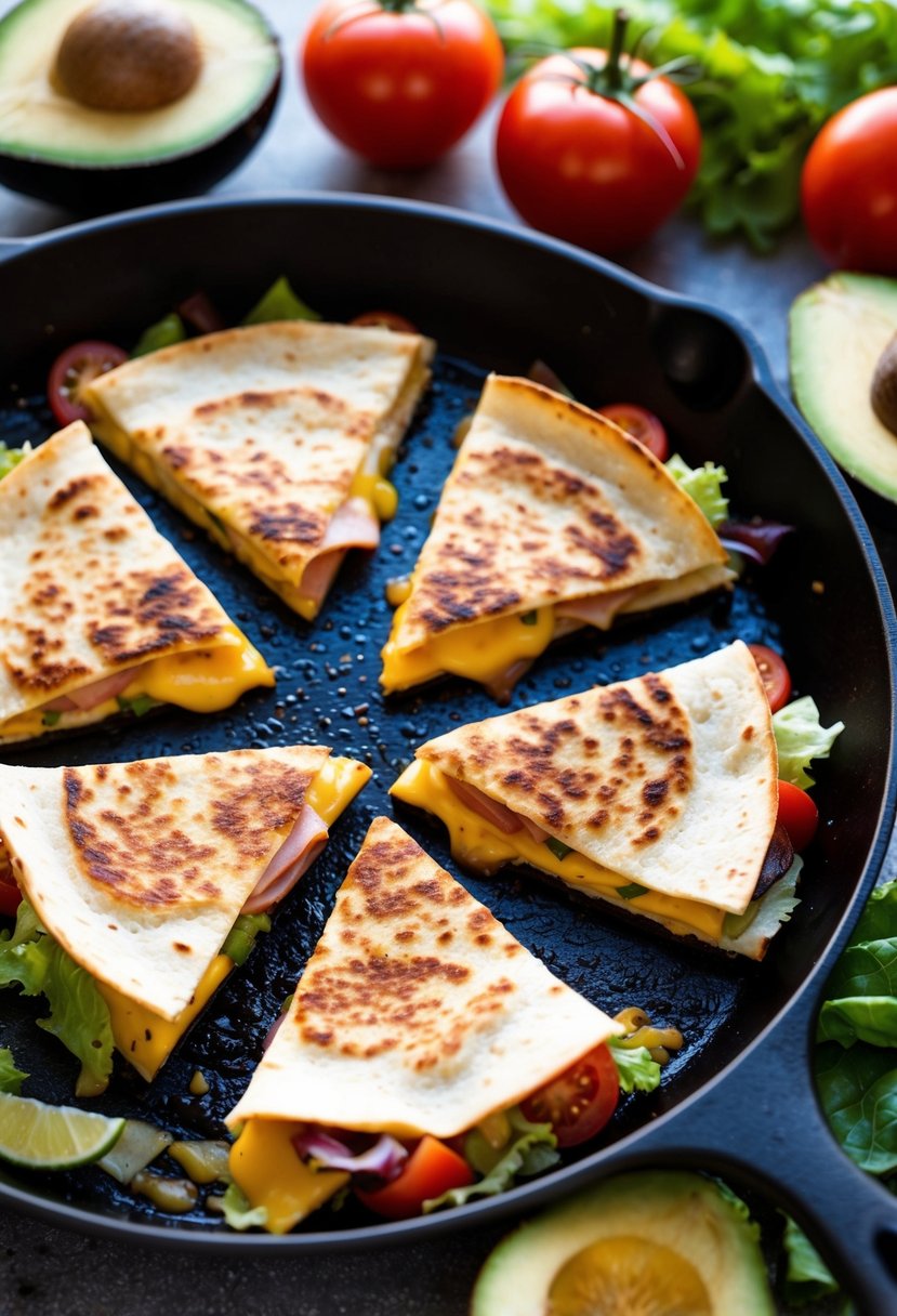 A sizzling skillet with golden brown ham and cheese quesadillas surrounded by colorful ingredients like tomatoes, lettuce, and avocado