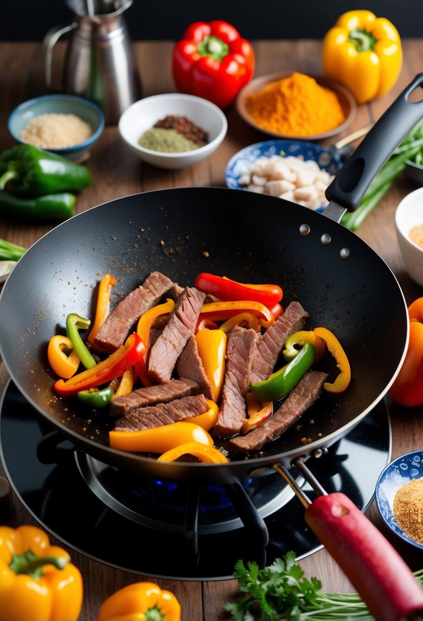 A sizzling wok with beef strips, colorful bell peppers, and a medley of aromatic spices, surrounded by fresh ingredients and cooking utensils